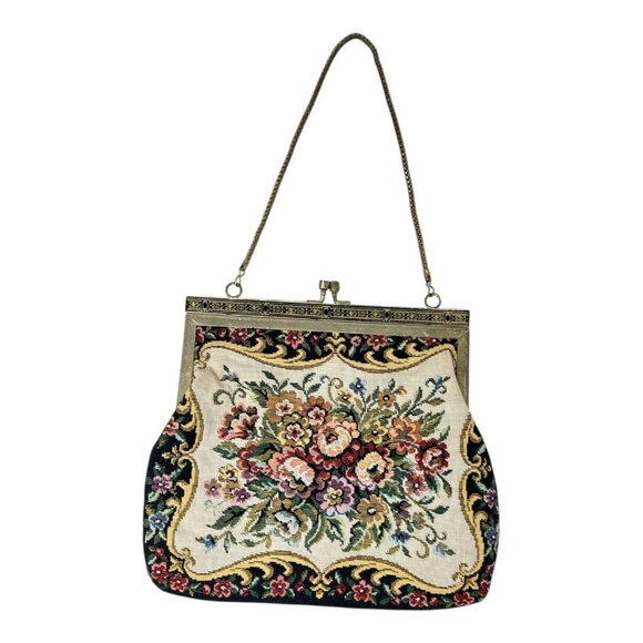 Floral Petit Point Tapestry Evening Clutch Bag Chain Handle Kiss Lock Vintage - Picture 2 of 9